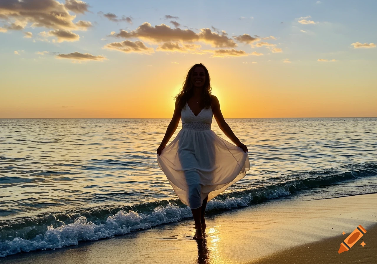 Woman in a white dress walking along a beach at sunset, silhouetted against the bright orange sky and ocean.