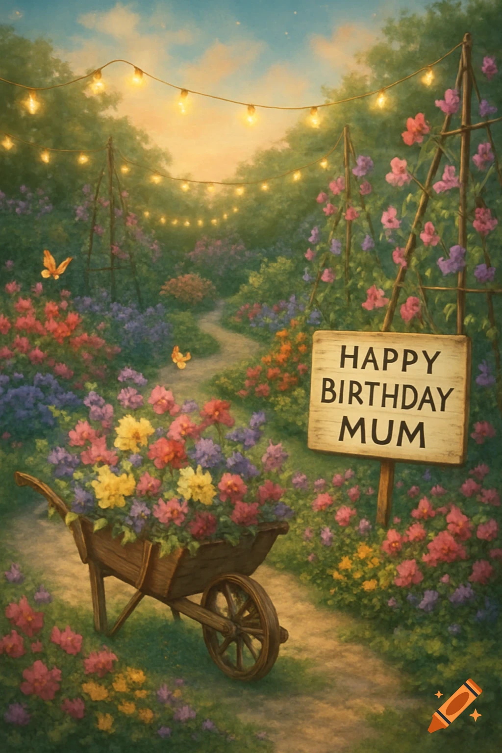 Painterly garden path with a wheelbarrow of colorful flowers, string lights, and a 'Happy Birthday Mum' sign.