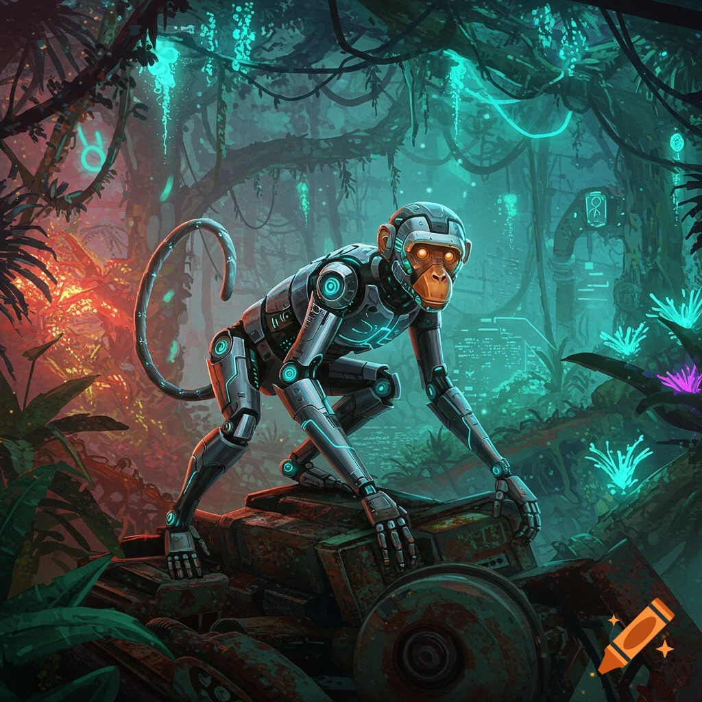 A robot monkey with glowing orange eyes and blue circuits crouches on rusted machinery in a neon-lit, futuristic jungle with glowing plants and vines.