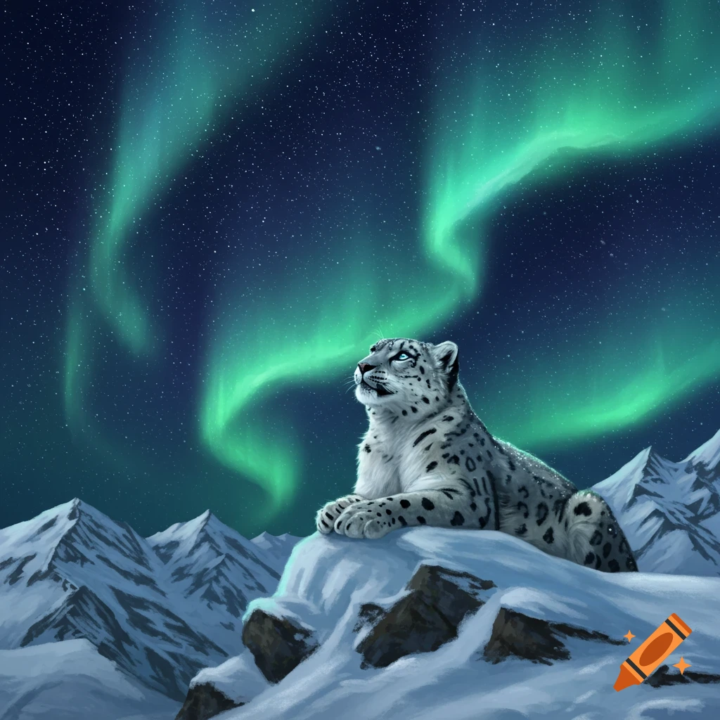 A snow leopard rests on a snowy mountain peak, looking up at a starry night sky illuminated by green aurora borealis.