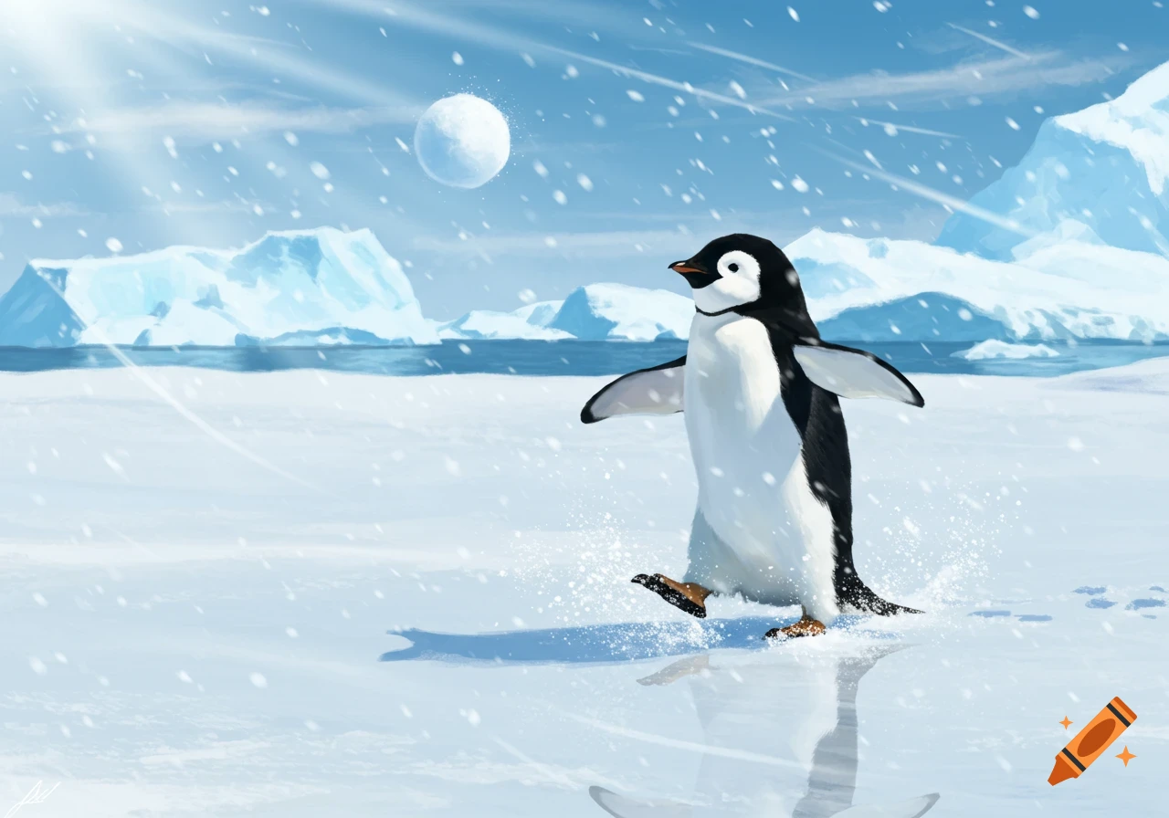 A playful penguin with open wings runs through snow, about to hit a snowball in an icy arctic landscape with icebergs.
