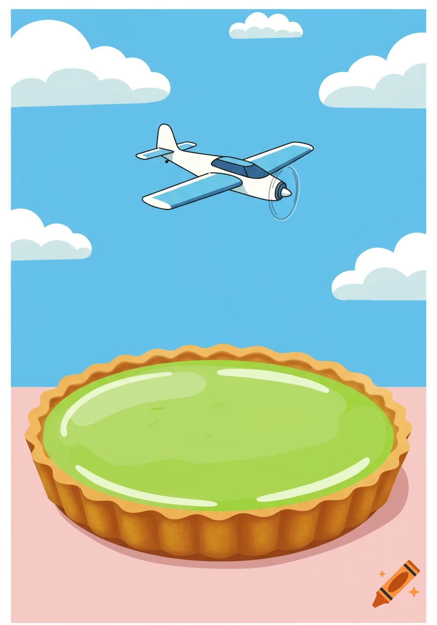 Clip art of a white and blue airplane flying in a bright blue sky with clouds above a large green key lime pie.
