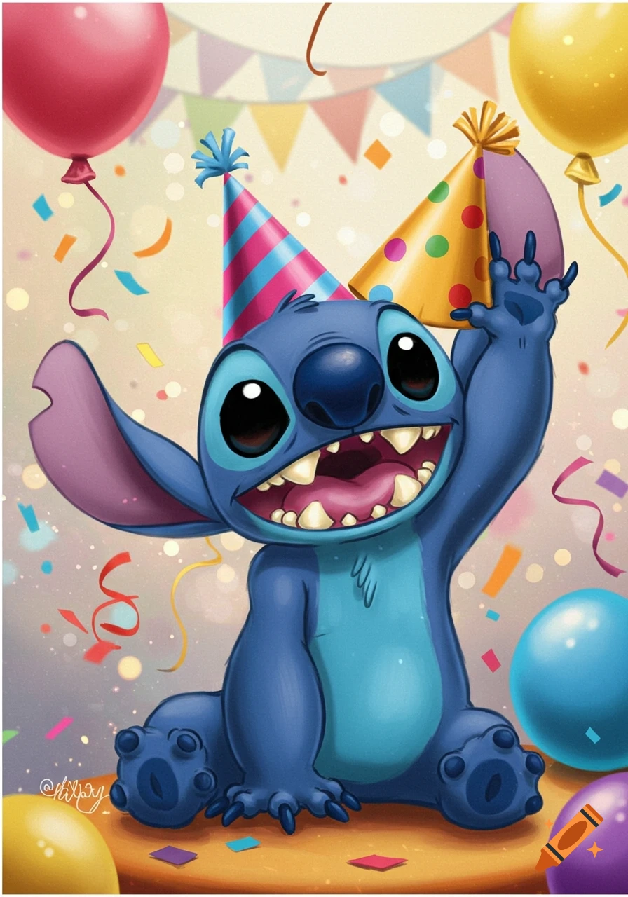Cartoon Stitch celebrating with party hats, confetti, and colorful balloons.