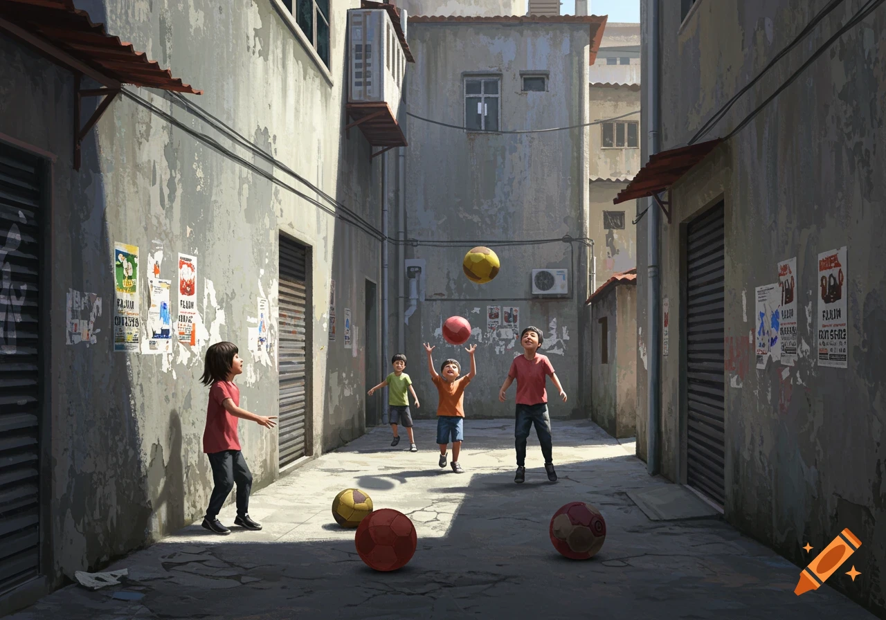 Children play with red and yellow balls in a sunlit, narrow alleyway between old buildings with peeling paint and posters.