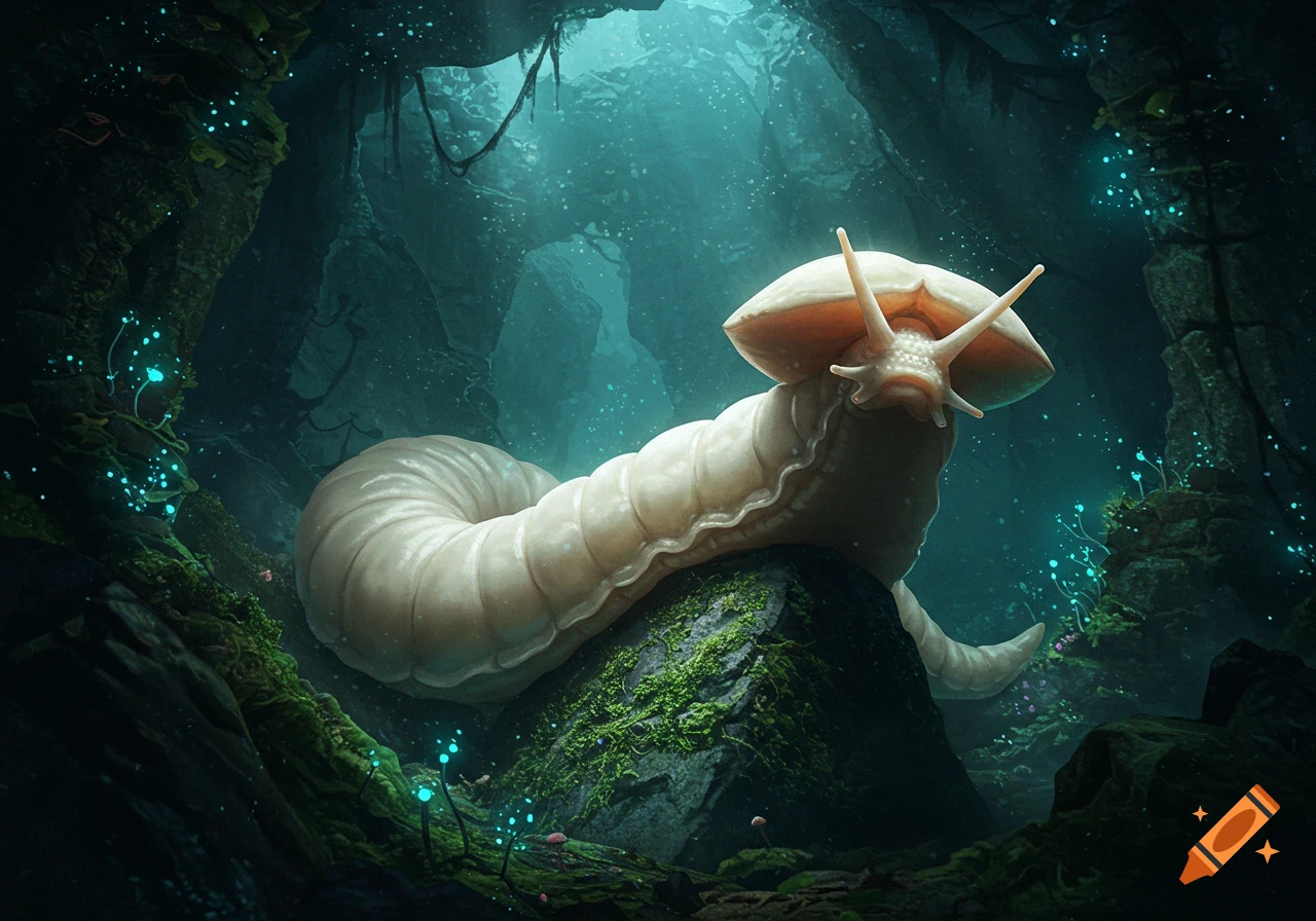 A large, pale, slug-like creature with a wide head and antennae rests on a mossy rock in a dark, bioluminescent cave.