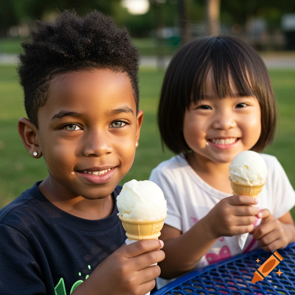 Smiling children hold vanilla ice cream cones in a sunny park.
