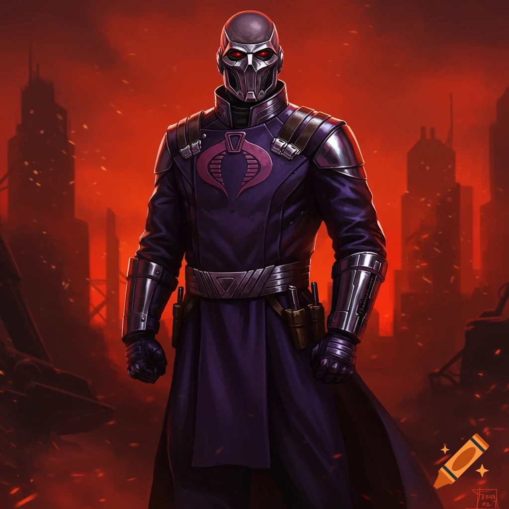 A menacing masked character in a purple and silver armored suit with a Cobra symbol stands against a red, fiery city skyline.