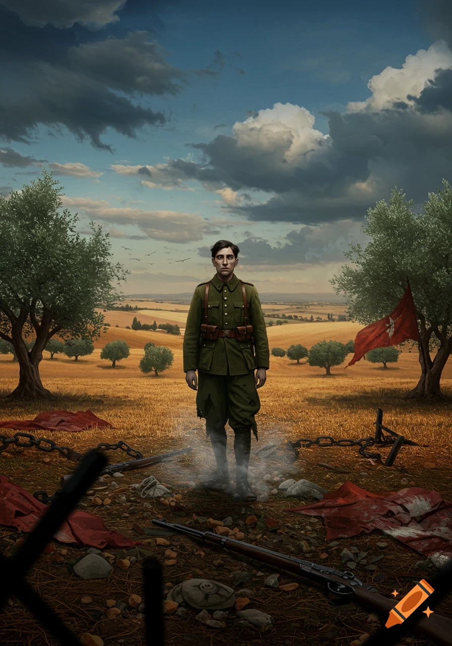 A somber soldier in a green uniform stands in a golden field with olive trees under a dramatic sky, surrounded by chains, a rifle, and red fabric.