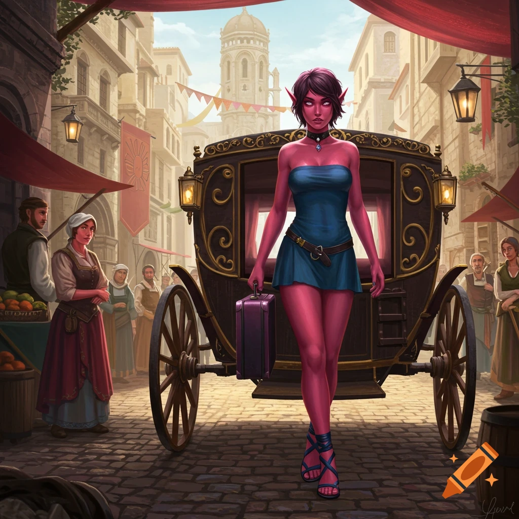 A pink-skinned female elf in a blue mini-dress exits a horse-drawn carriage into a medieval marketplace, carrying a small suitcase.