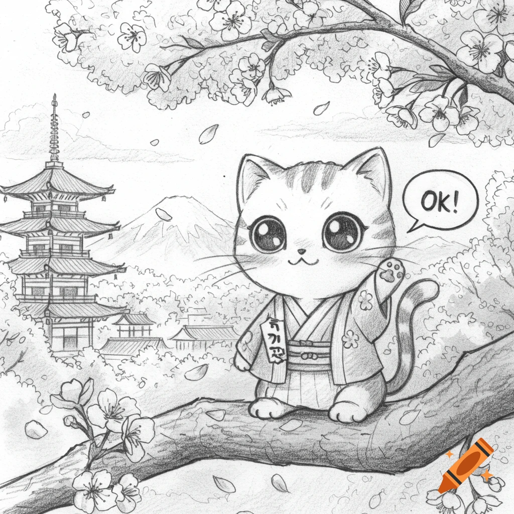 Pencil drawing of a cute cat in a kimono waving from a cherry tree branch in Japan, with a pagoda and Mount Fuji, saying 'OK!'.