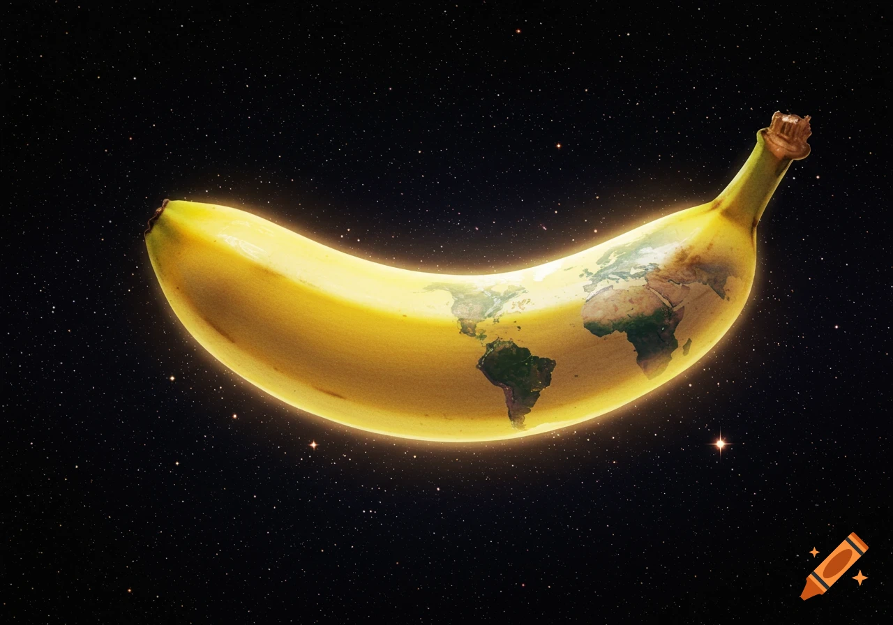A banana with the Earth's continents mapped onto its skin glows as it floats in a starry outer space.