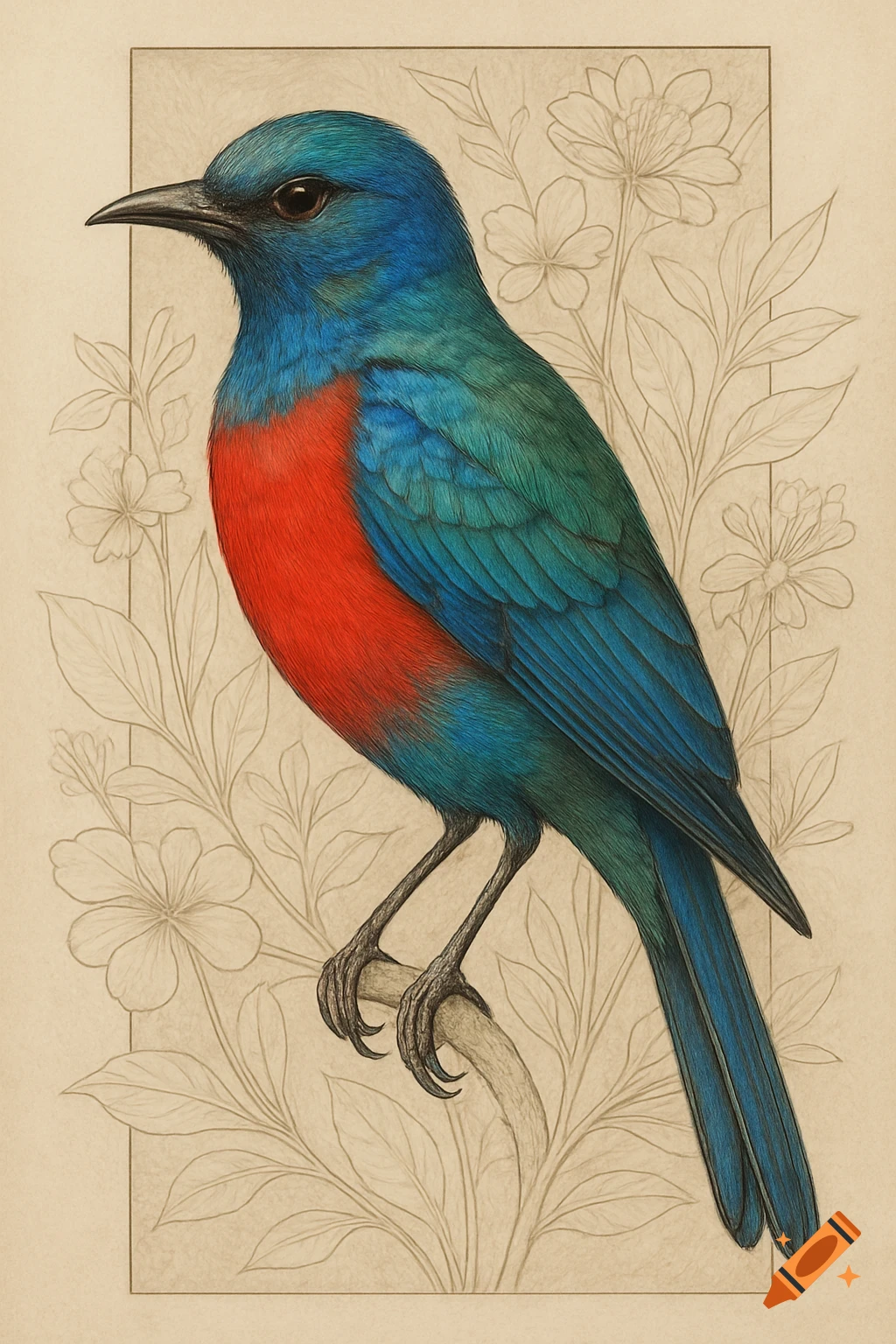 A brightly colored blue and red bird perches on a branch in a scientific illustration style, with a background of botanical line art.