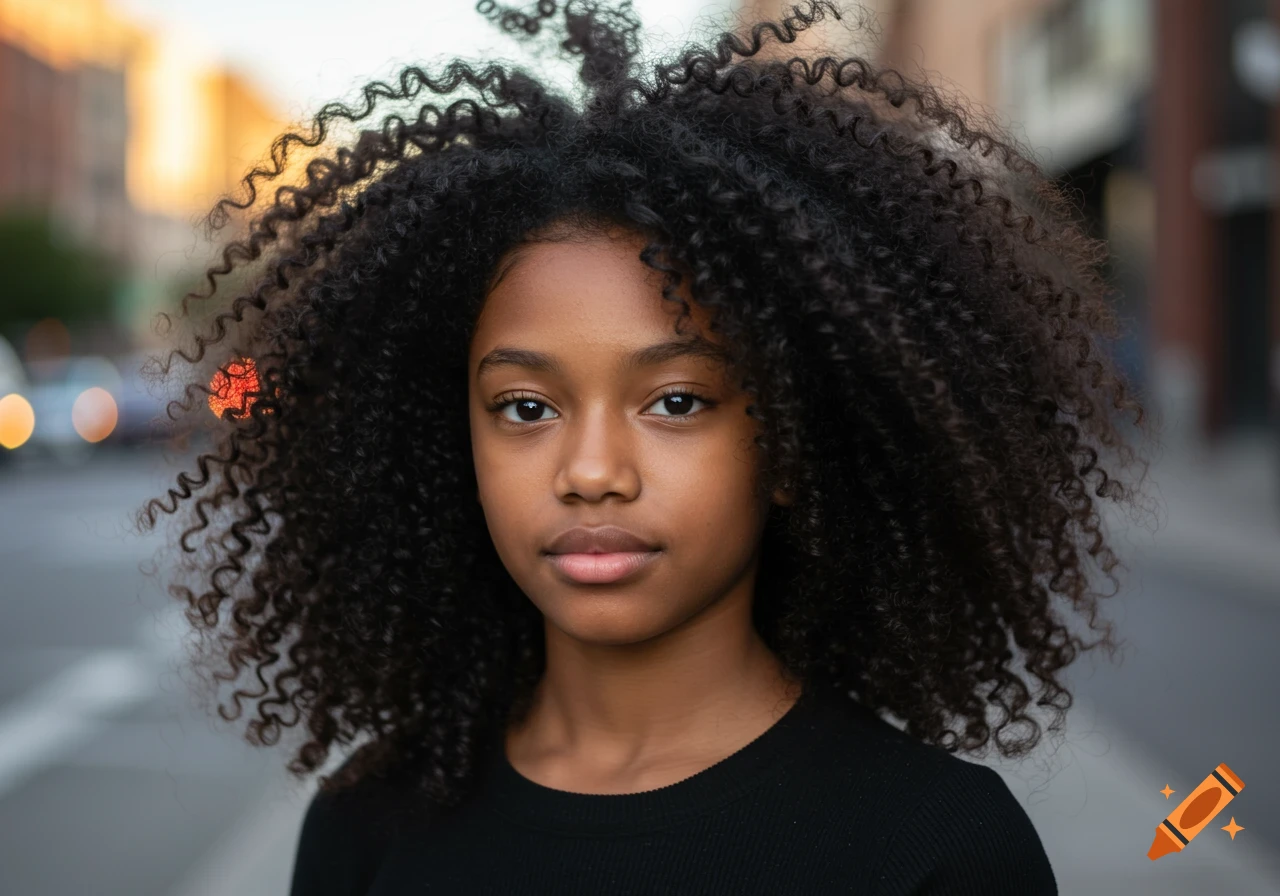 Photorealistic portrait of a young girl with dark skin and voluminous curly black hair, looking directly at the viewer.