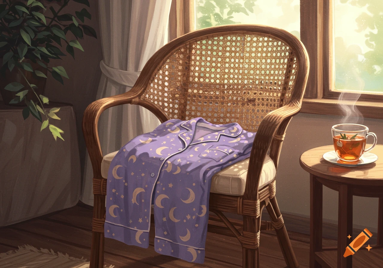 Purple pajamas with moon and star patterns draped over a rattan chair next to a steaming cup of tea in a sunlit room, in a painterly style.