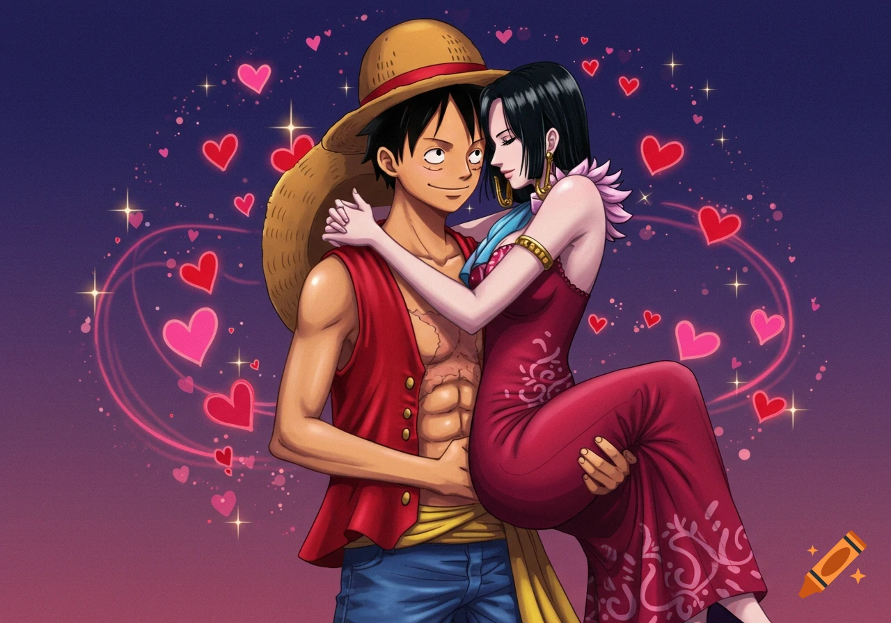 Luffy holds Boa Hancock, surrounded by pink hearts and sparkles, against a purple background in anime style.