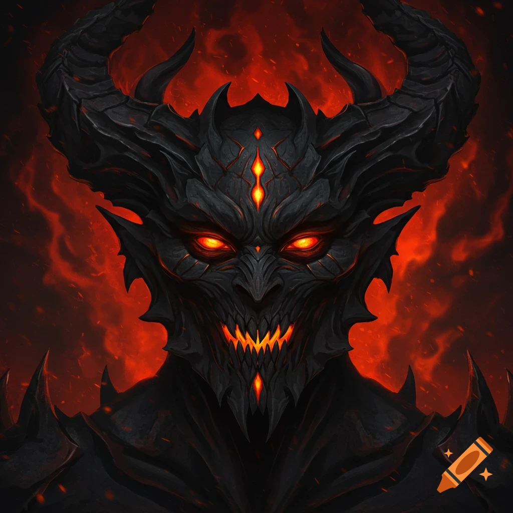 A dark, menacing demon face with large horns, glowing red eyes, and sharp, fiery teeth against a fiery red background.