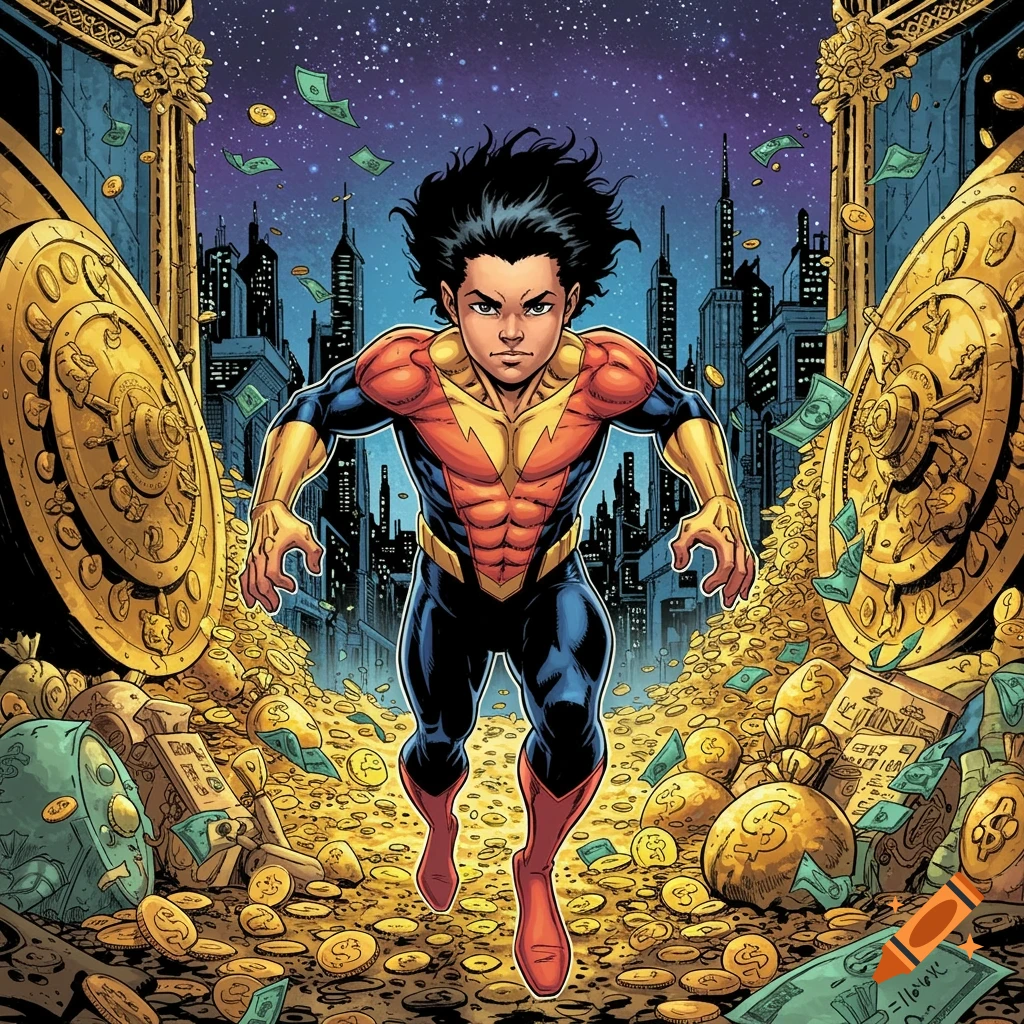 A comic book superhero with messy black hair, wearing a red, blue, and gold suit, stands amidst a vast pile of money and gold coins in a city at night.