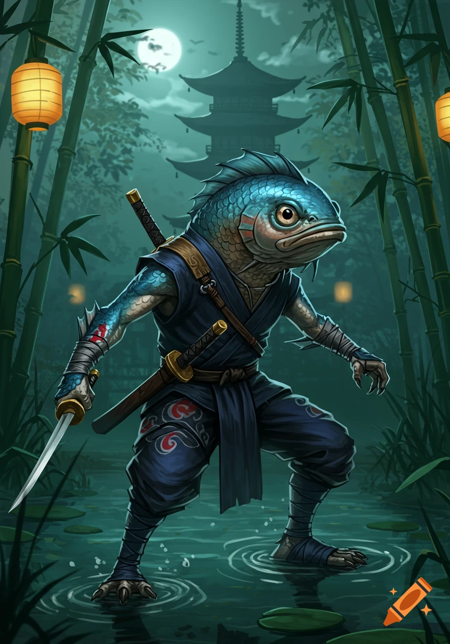 A blue fish-headed ninja holding a katana stands in moonlit water in a bamboo forest with a pagoda backdrop, in a fantasy art style.