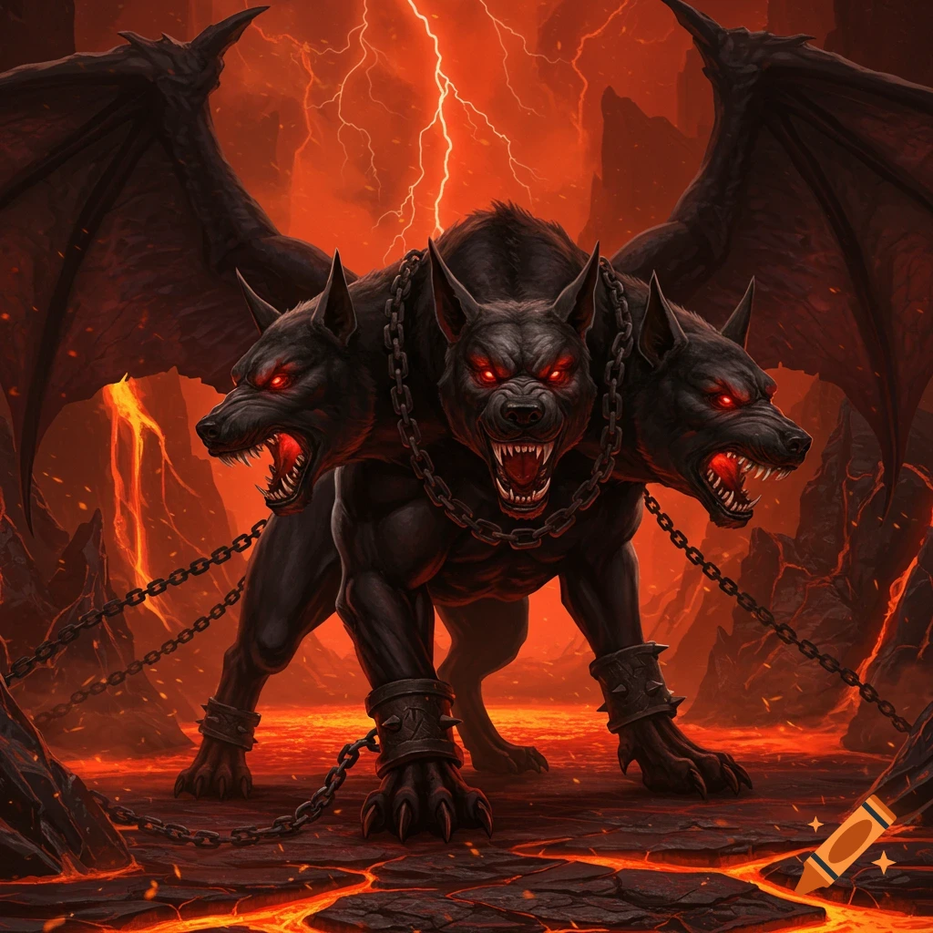 A three-headed black hellhound with wings, glowing red eyes, and chains stands in a fiery, lava-filled landscape with lightning.