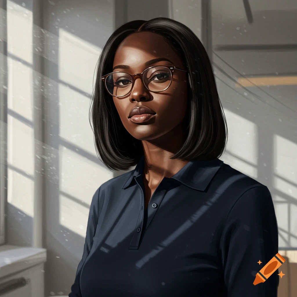 A portrait of a Black woman with short dark hair and glasses, wearing a dark blue long-sleeve polo shirt, standing in sunlight.