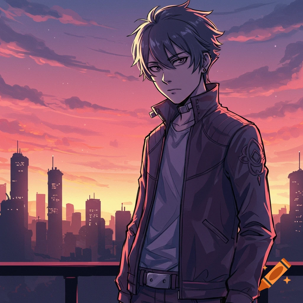 Anime boy in a leather jacket on a rooftop overlooking a city skyline at sunset in an anime style.