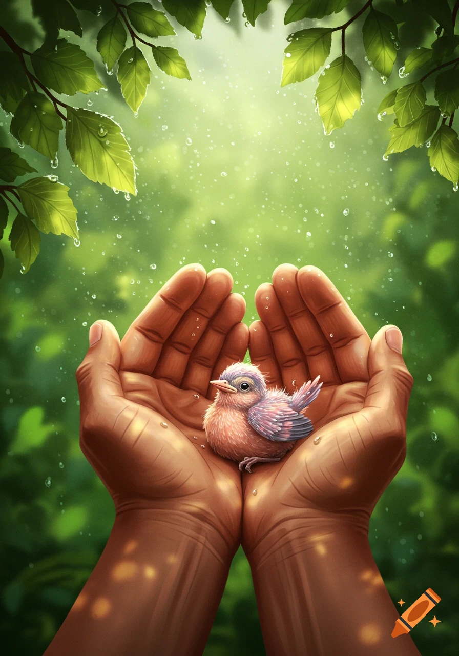 Cupped hands hold a small, fluffy pink and purple baby bird under green leaves with raindrops, digital illustration.