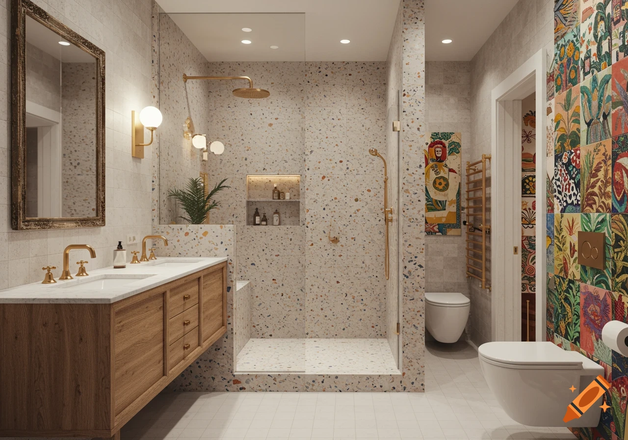 Photorealistic bohemian mid-century bathroom with terrazzo shower, double oak vanity, gold fixtures, and eclectic art wallpaper.