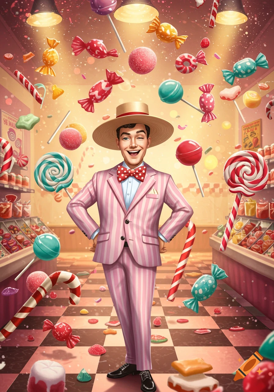 A smiling man in a pink striped suit and straw hat stands in a candy store with lollipops and candies floating around him, in a whimsical illustration style.