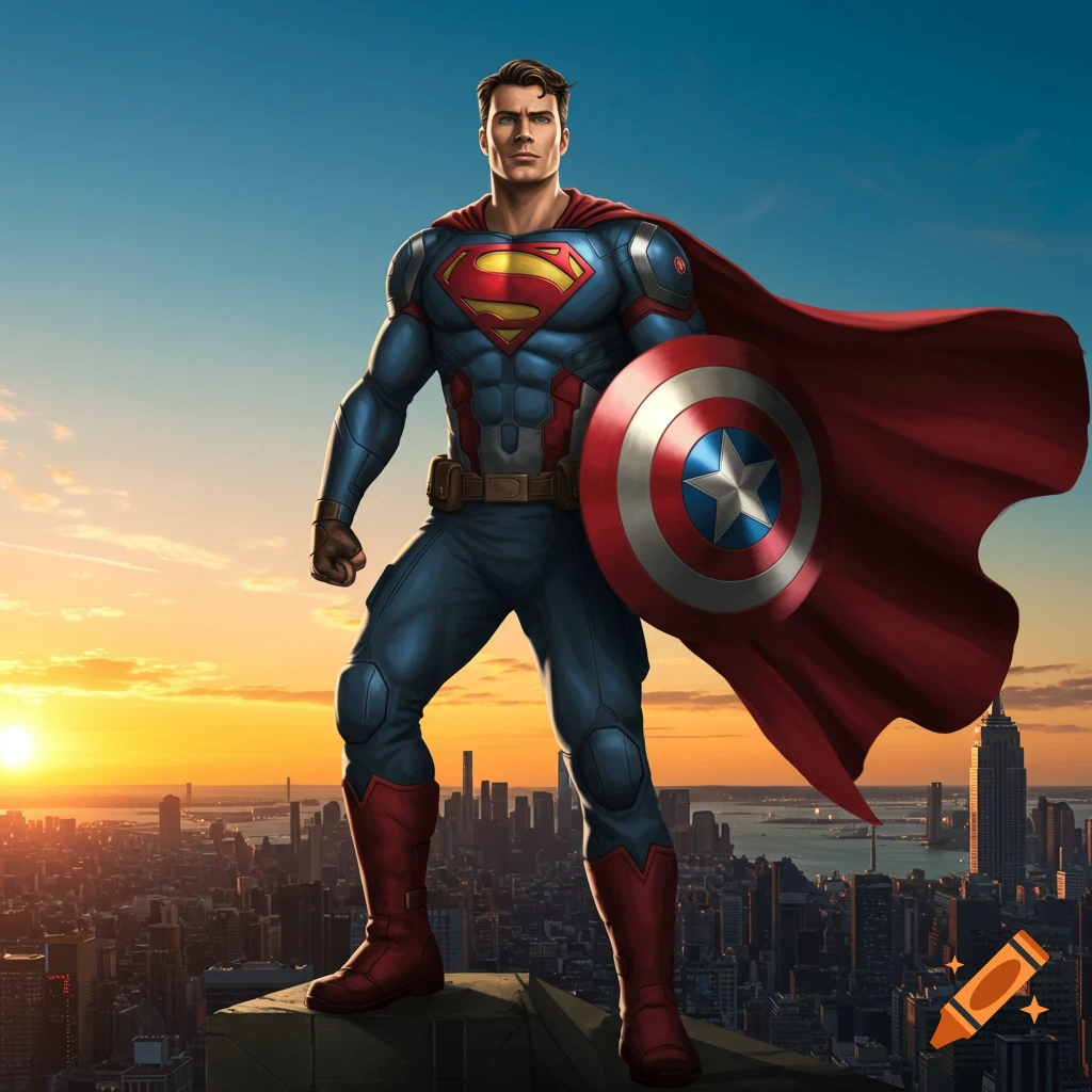 Muscular superhero in a blue and red suit with an S-shield on his chest, holding a Captain America shield, stands atop a skyscraper at sunset.