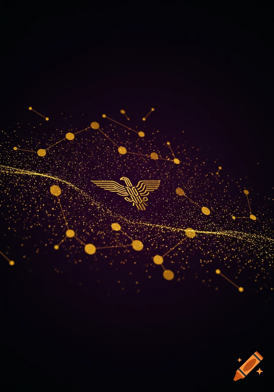 A golden abstract eagle logo surrounded by a futuristic cosmic network of glowing gold dots and lines on a dark purple-black background.