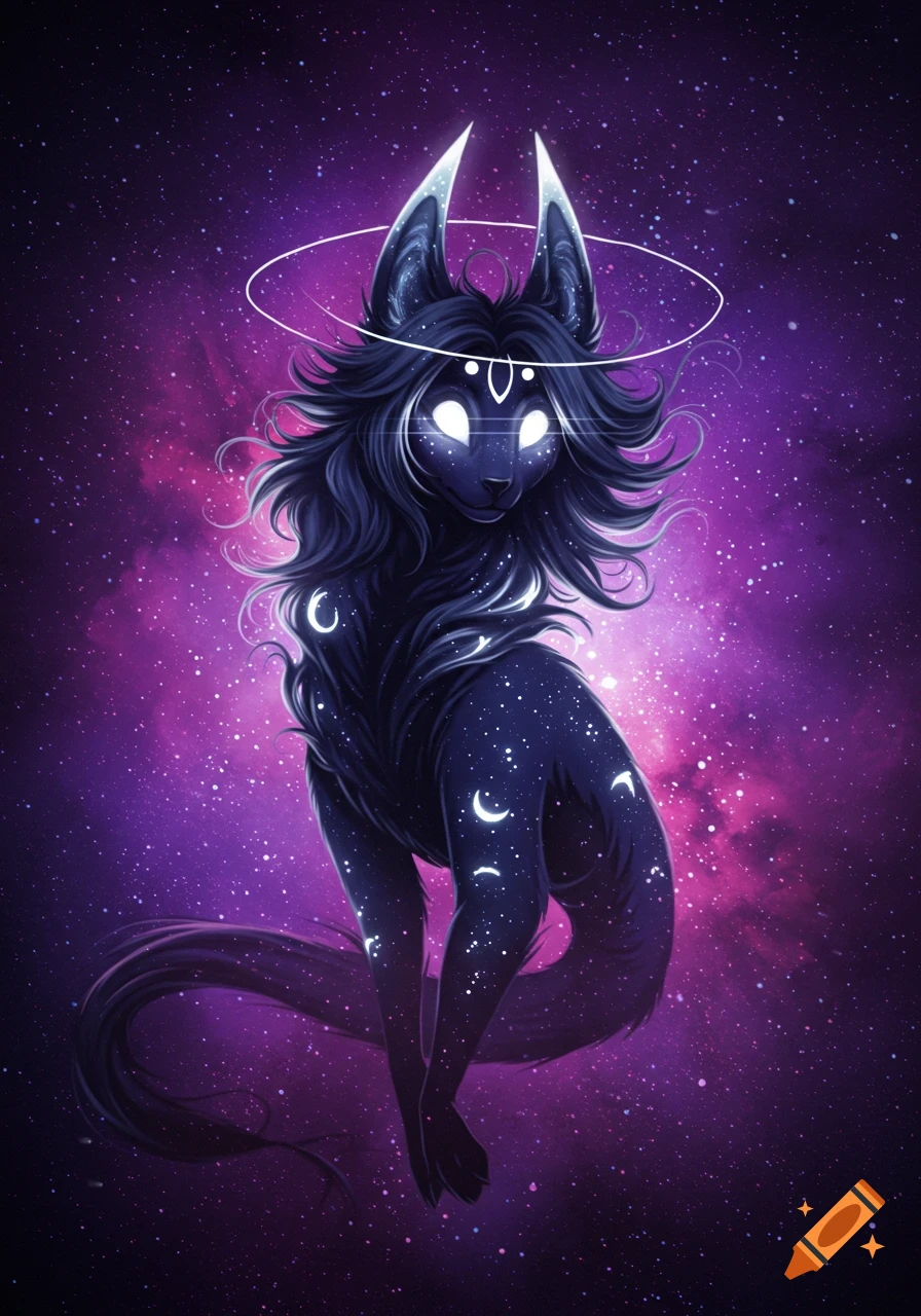 A stylized cosmic creature, dark with glowing white eyes and markings of stars and crescent moons, against a purple galaxy background.