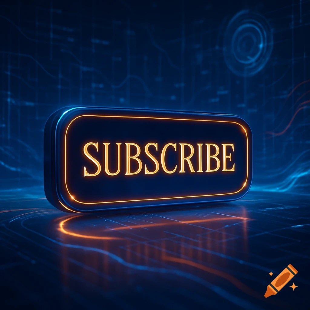 Glowing orange 'SUBSCRIBE' button on a dark blue futuristic background with circuit lines.
