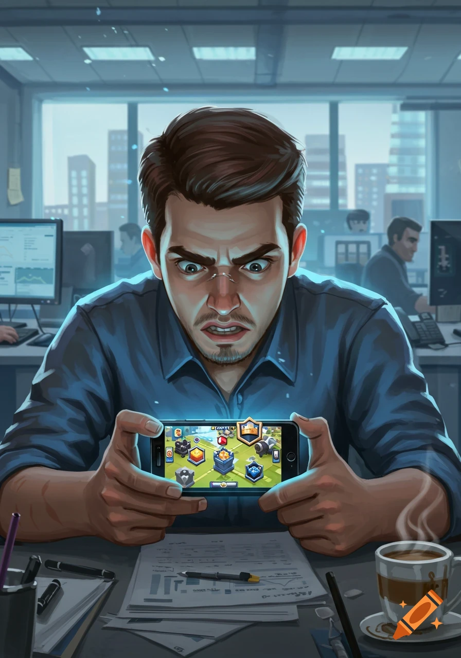 Illustration of a stressed office worker secretly playing a Clash Royale-like mobile game in a busy office.
