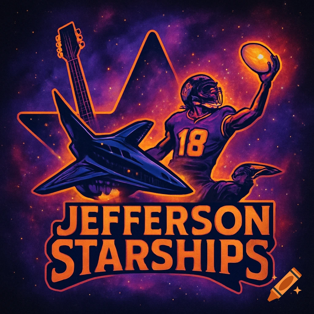Stylized logo for 'Jefferson Starships' featuring a football player, spaceship, guitar, and a star against a cosmic background.