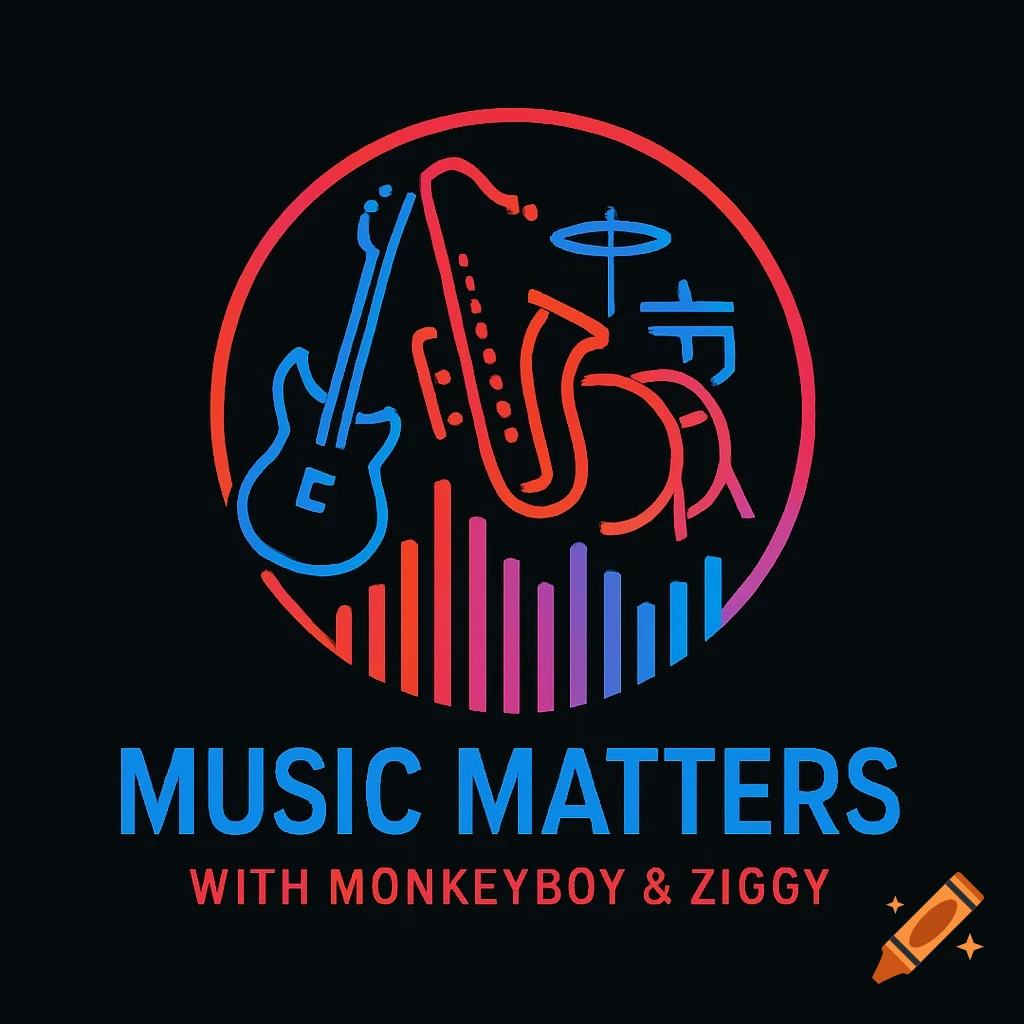 Neon-style logo with guitar, saxophone, drums, and sound bars in a circle, above 'MUSIC MATTERS WITH MONKEYBOY & ZIGGY' text.