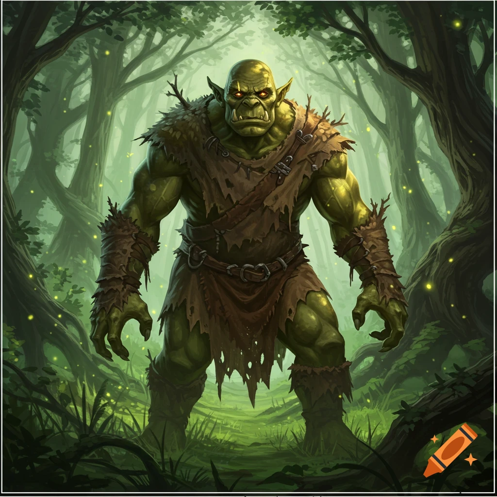 A muscular, green ogre with glowing red eyes stands in a vibrant, mystical forest.