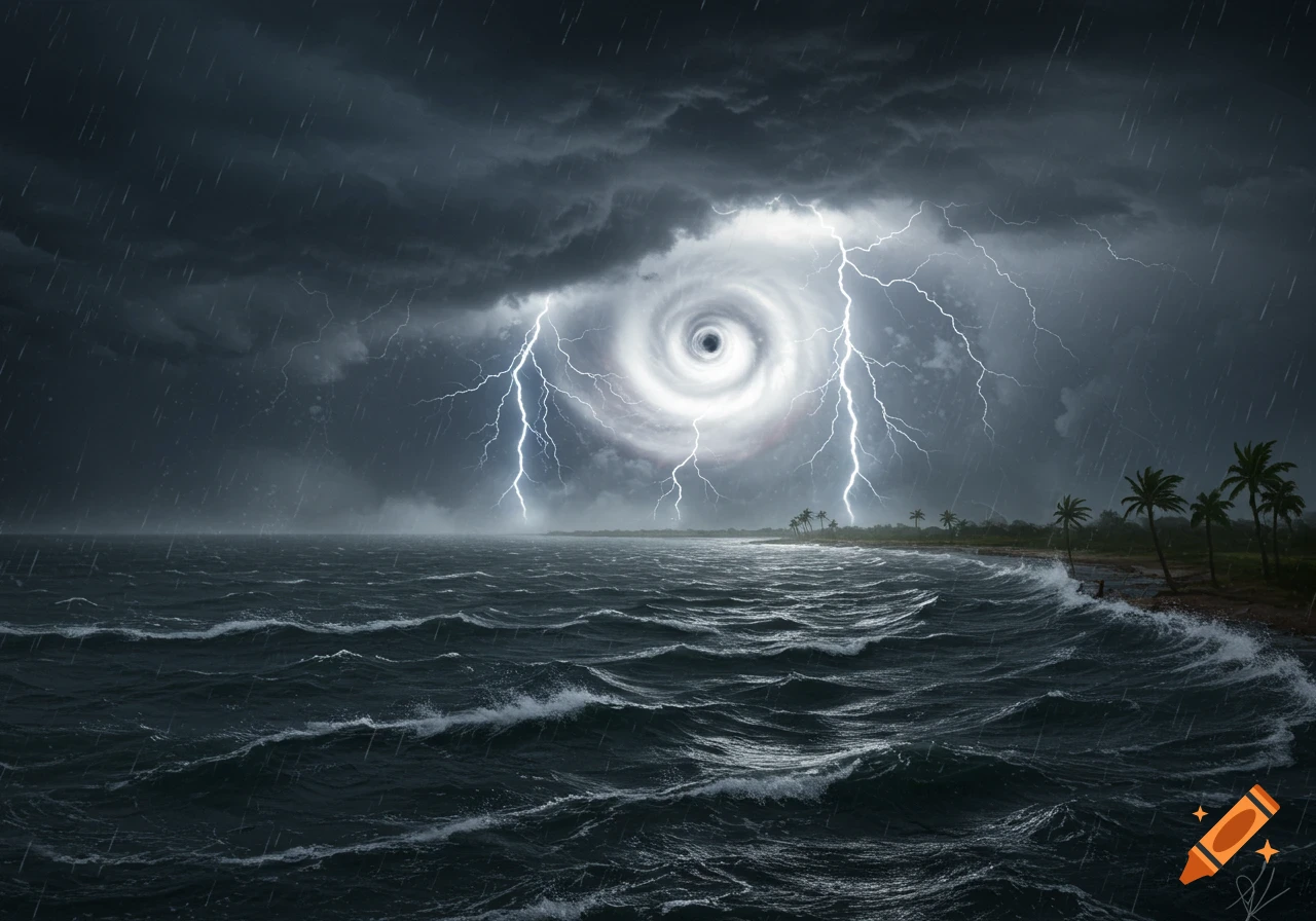 Photorealistic image of a powerful hurricane with lightning strikes over a dark, stormy ocean and a palm-lined beach.