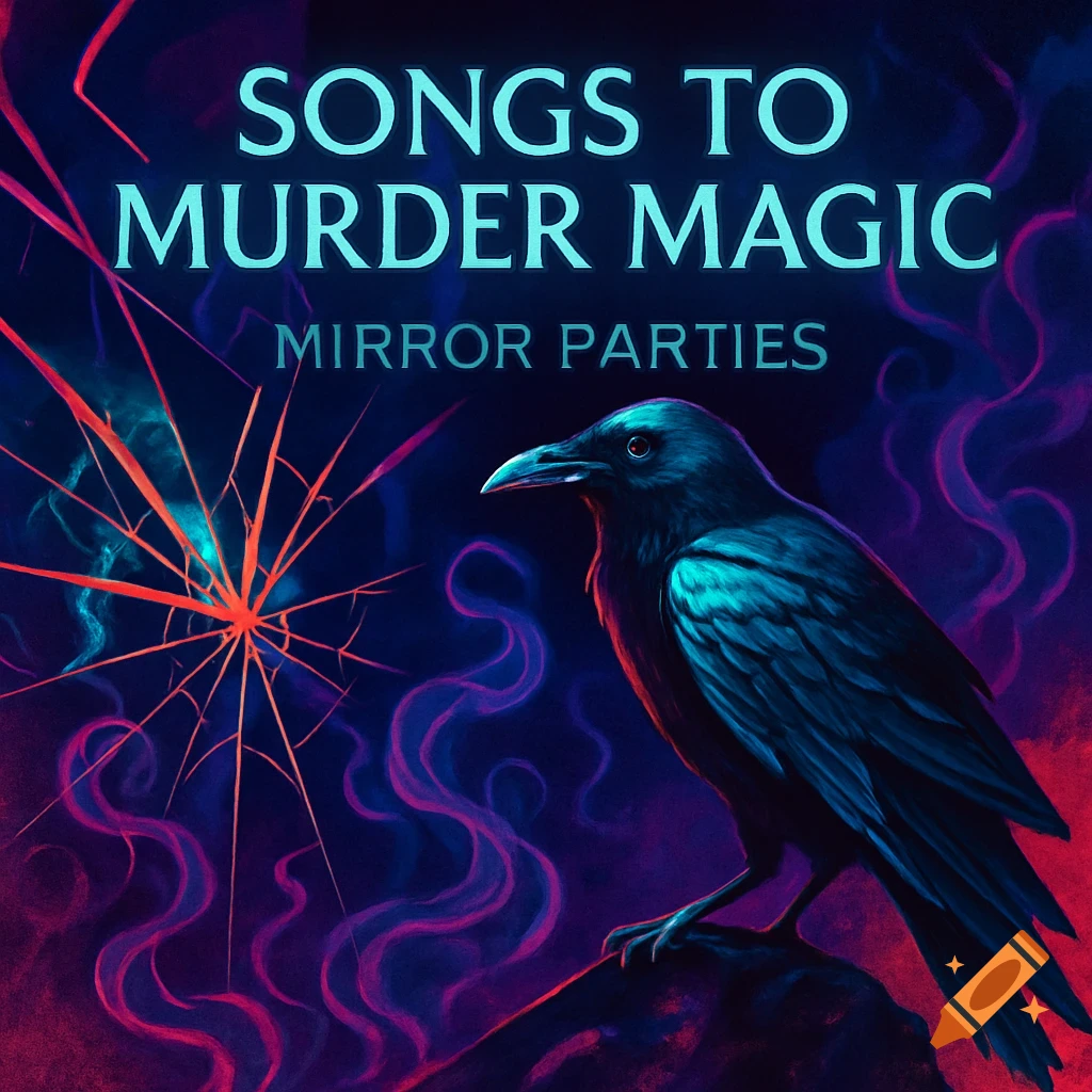 Album cover with a dark raven on a rock, glowing red cracked glass, and neon blue text 'SONGS TO MURDER MAGIC' and 'MIRROR PARTIES' against a dark background with purple smoke.
