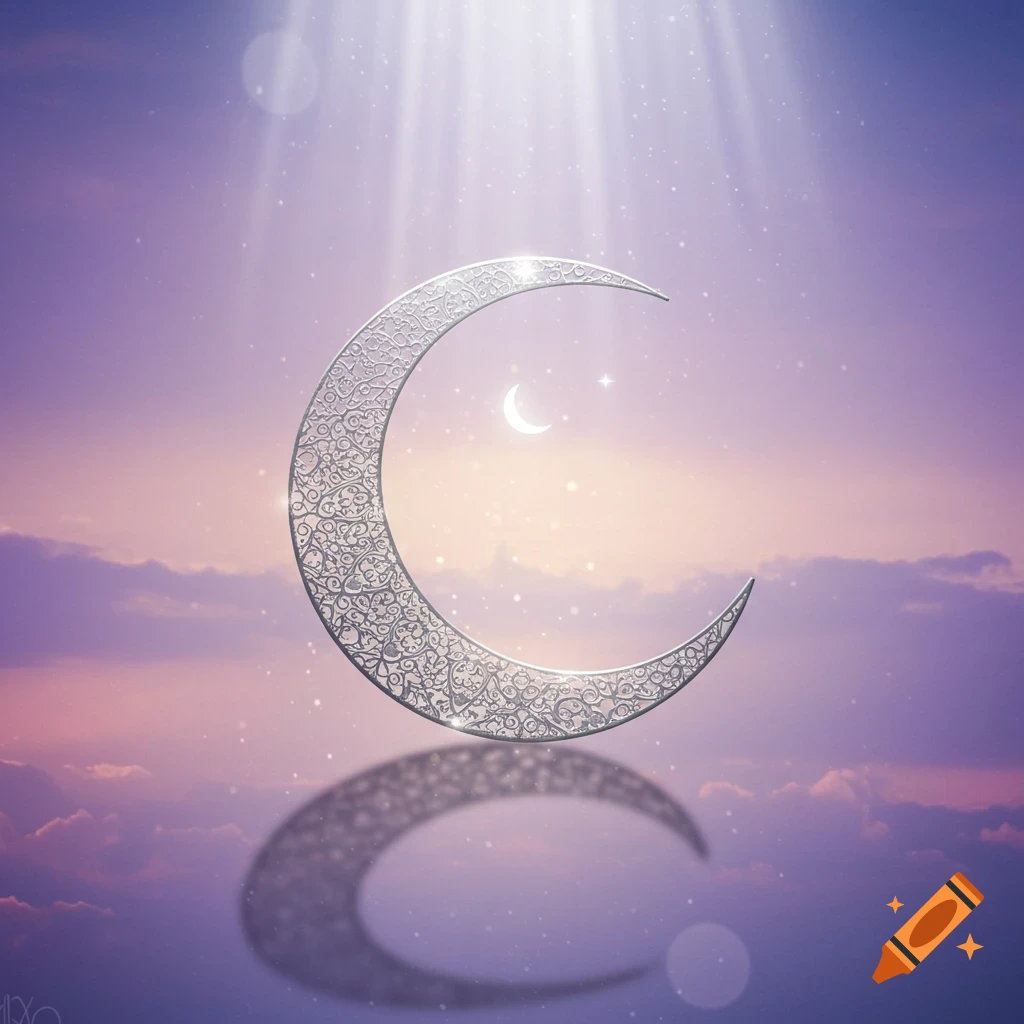 Ornate silver crescent moon reflecting in water under a purple and lilac sky with light rays and a smaller moon.