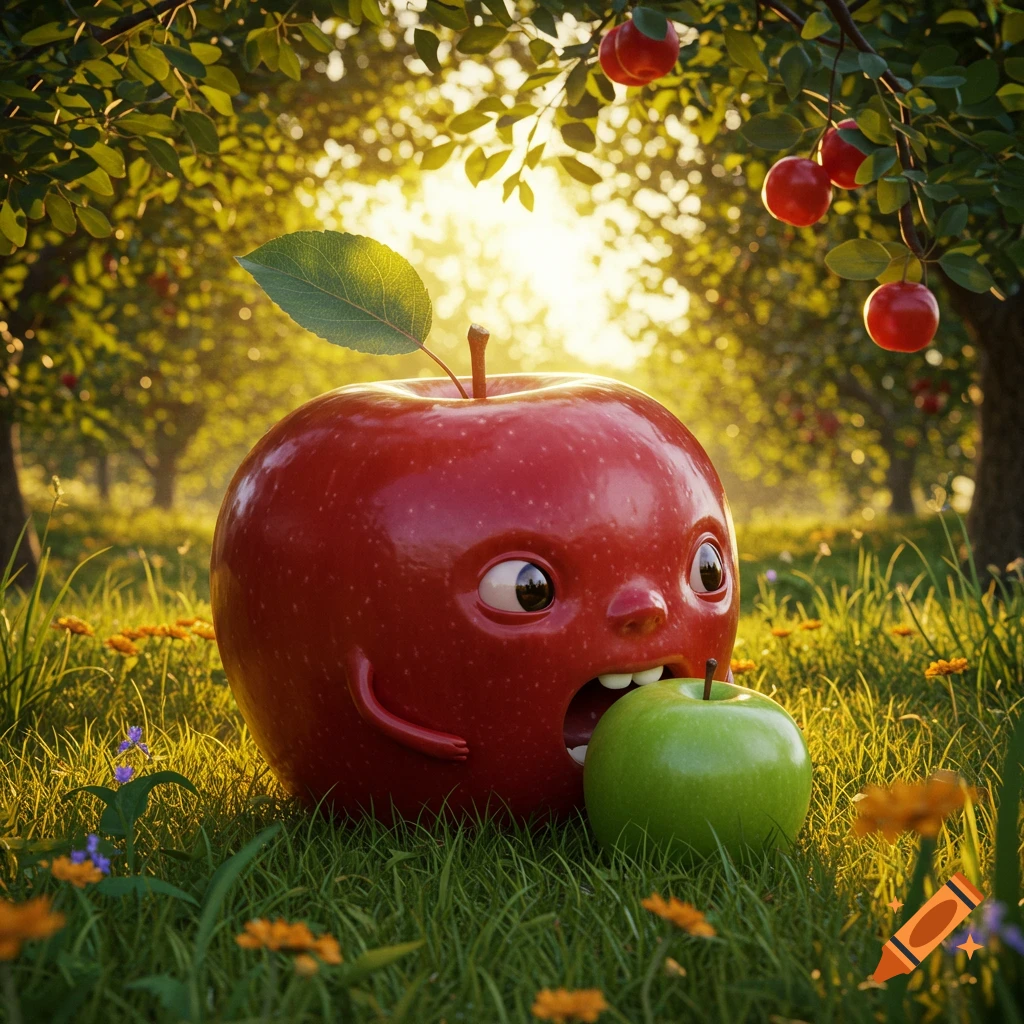 A cartoon red apple with arms and a surprised face bites into a smaller green apple in a sunny, vibrant orchard.