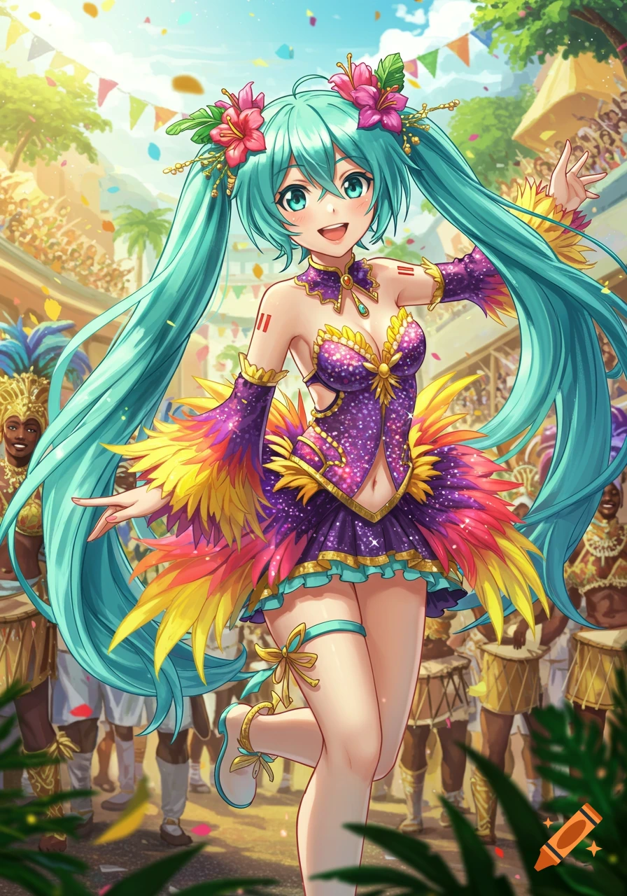 Hatsune Miku in a vibrant purple and yellow feathery carnival costume with flowers in her aqua pigtails, dancing on a festive street in anime style.