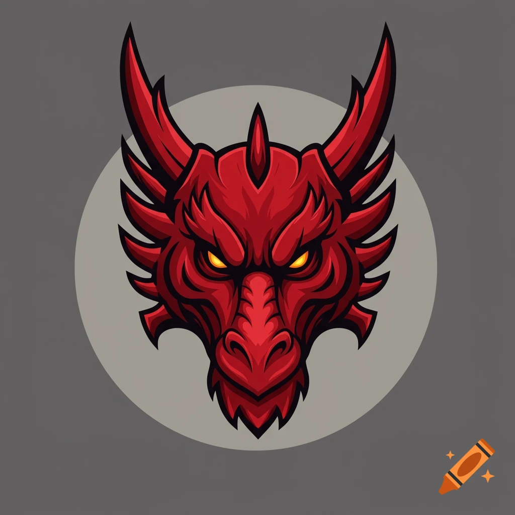 A stylized red dragon head with sharp horns and glowing yellow eyes, set against a grey circle on a dark grey background.