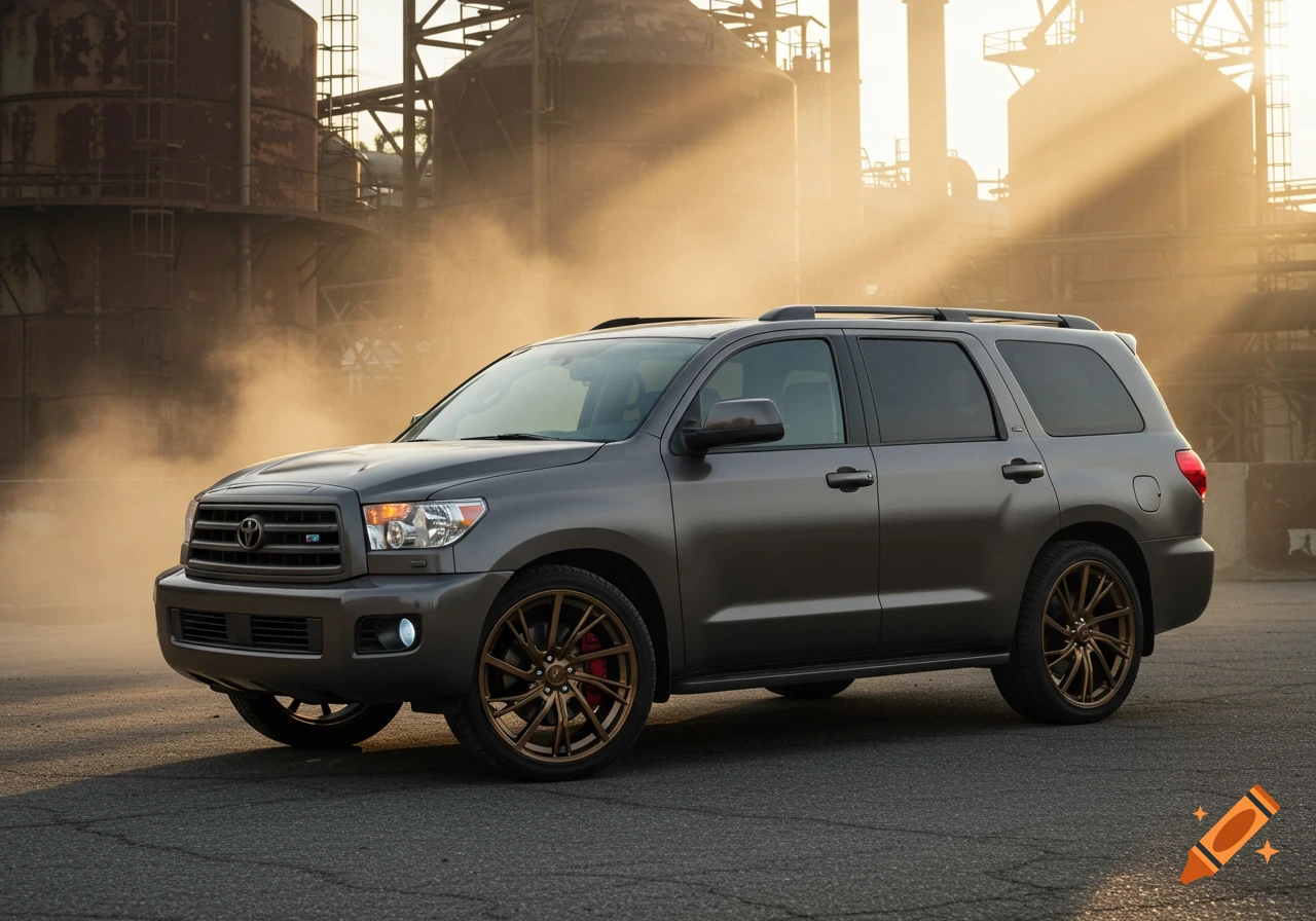 A matte gray Toyota Sequoia SUV with bronze wheels parked in a dusty industrial area during sunset.