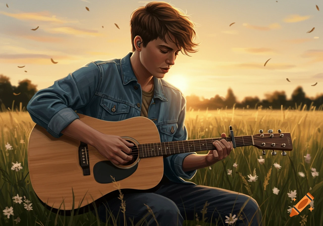 A young man with brown hair plays an acoustic guitar in a sun-drenched field at sunset, with golden light and scattered leaves.