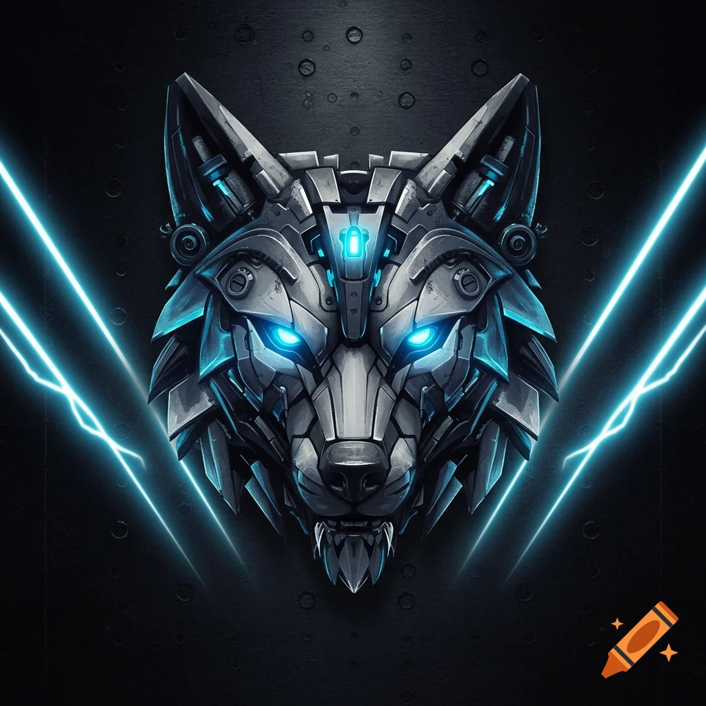 Robotic wolf head with glowing blue eyes and neon lightning on a dark metallic background.