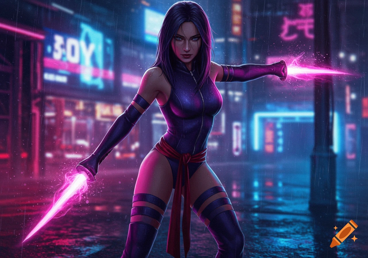 Psylocke in a cyberpunk city, holding glowing pink energy swords in the rain, with neon signs in the background.