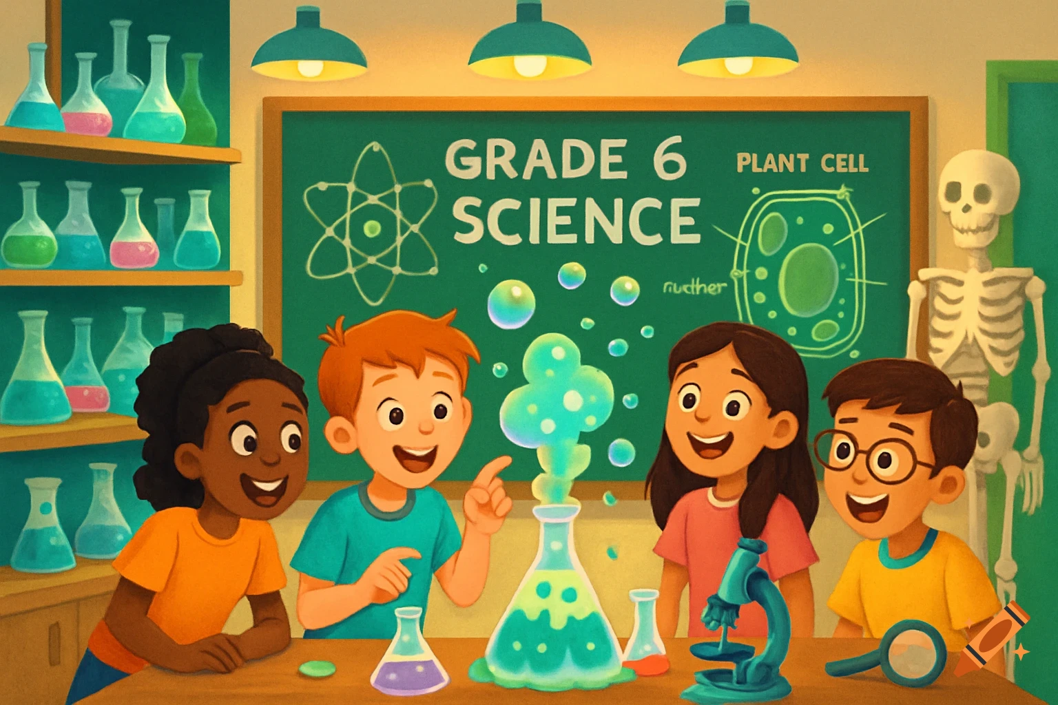Cartoon of four diverse children in a science classroom, excited about a bubbling beaker. A blackboard shows "GRADE 6 SCIENCE" and a plant cell diagram.