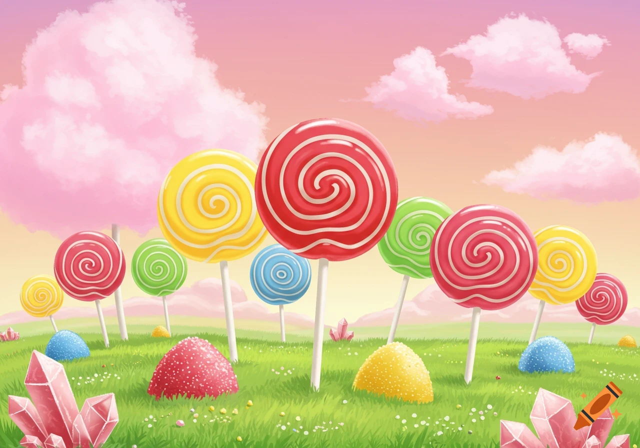 A vibrant candy land landscape with large lollipops, candy mounds, and pink crystals on green grass under a colorful sky.