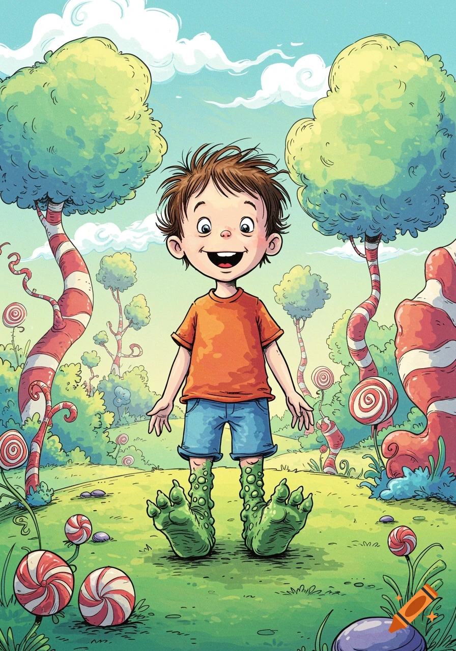 A smiling cartoon boy with dinosaur feet stands in a whimsical, Dr. Seuss-style landscape with candy-cane trees and lollipops.