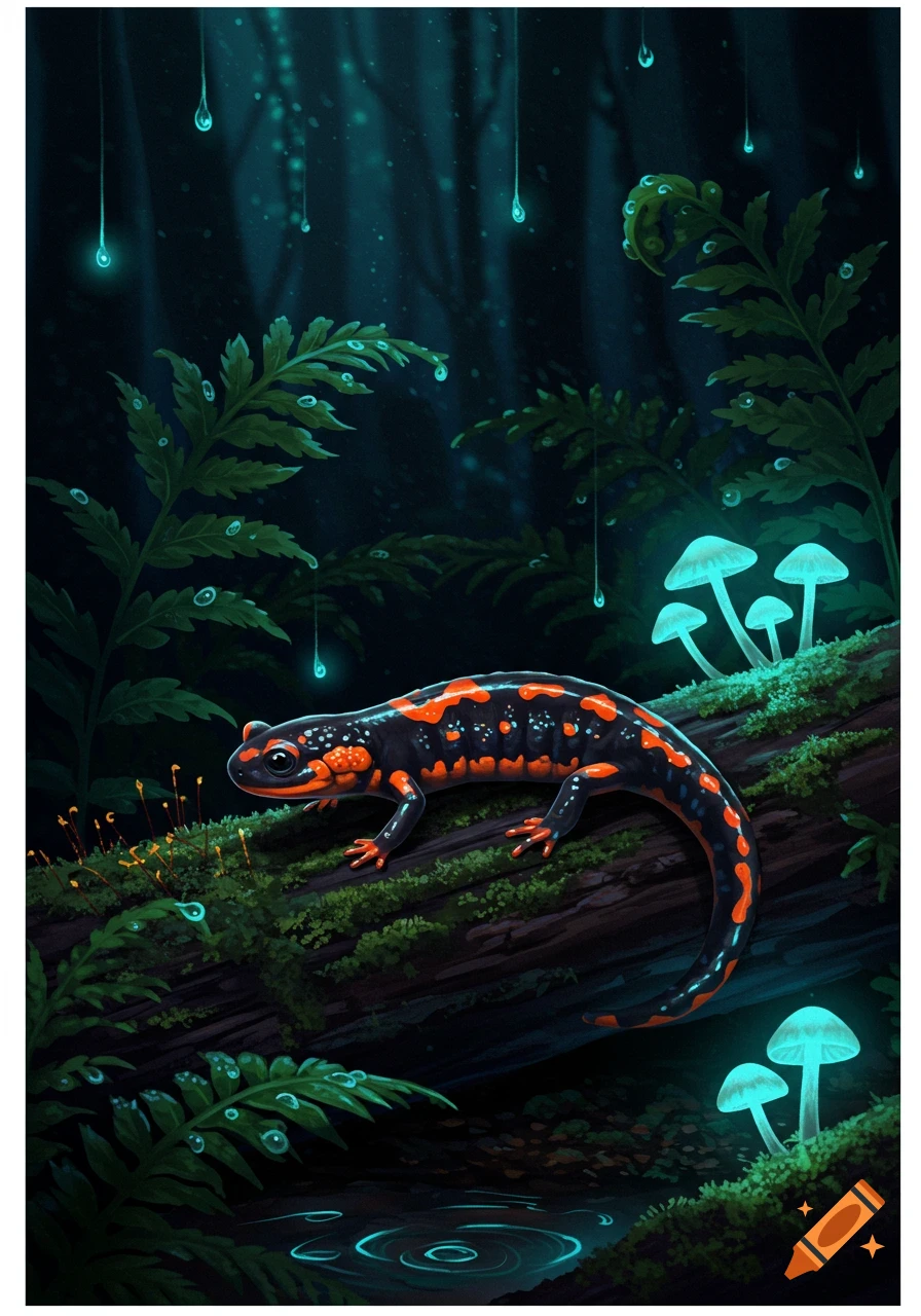 A vibrant black and orange salamander rests on a mossy log in a dark, mystical forest with glowing blue mushrooms and bioluminescent droplets.
